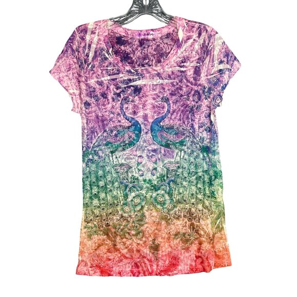 Vintage Tops - Vintage Y2K Fairygrunge Top Short Sleeve Rainbow Peacock Boho Whimsigoth Artsy